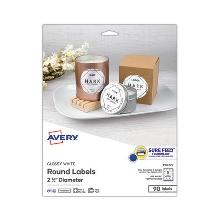Avery Dennison Avery, ROUND PRINT-TO-THE EDGE LABELS WITH SUREFEED, 2.5in DIA, GLOSSY WHITE, 90PK 22830